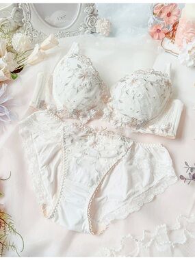 US-32B/JP-C70 Japanese Floral Embroidery Push Up Bra Smooth Nylon Panty Set